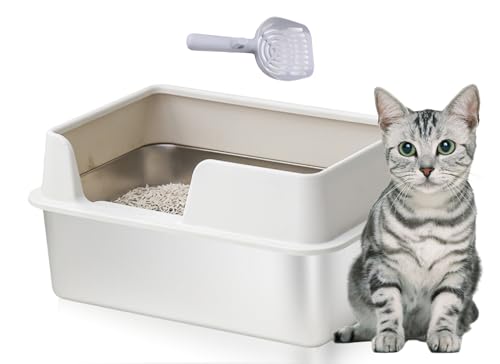 Bewinner Katzentoilette Edelstahl 19,69 x 13,78 x 7,87 Zoll - Open Top High Side Large Litter Pan mit Schaufel - Antihaft Glatte Oberfläche Katzentoilette für Katzen und von Bewinner