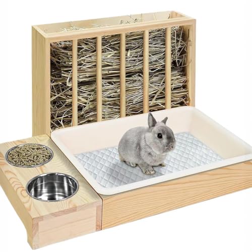 Kaninchen-Heu-Futterstation, Hasen-Heu-Futterstation, Kaninchen-Heu-Futterstation aus Holz mit Katzentoilette, 2 Edelstahlnäpfe für Chinchillas, Hamster, Kleintiere von Bewinner