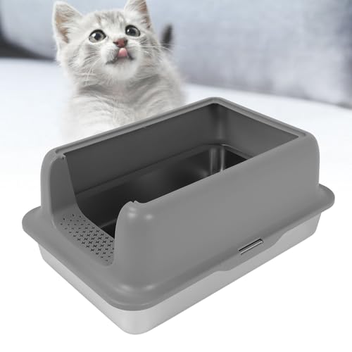 Katzentoilette aus Edelstahl, XL-Katzentoilette aus Metall für Große Katzen, Extra Große Katzentoilette, Antihaftbeschichtete Katzentoilette aus Rostfreiem Stahl mit Hohen (Grey) von Bewinner