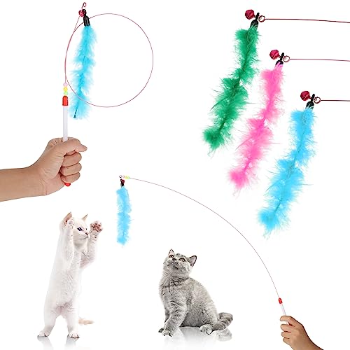 Bewudy 3 Stück Interaktives Katzenspielzeug, Intelligenz Katzen Spielzeug Cat Toys Feder mit Glocken, Katzenangel mit Bunte Federn für Kleine Große Katzen von Bewudy