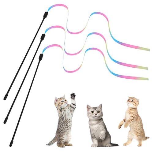 Bewudy 3 Stück Katzen Zauberstab Spielzeug Set, 28 cm Interaktiver Katzen Zauberstab mit 60 cm Regenbogenbandschnur Cat Zauberstab Regenbogenspielzeug für Kätzchen Katzen Trainingsgerät Indoor von Bewudy