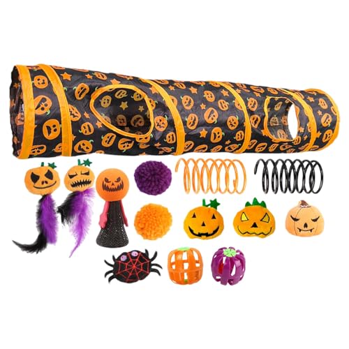 Bexdug Haustier-Katzentunnelröhre, Katzenspielzeug-Set mit Tunnel - Zusammenklappbare Halloween-Peekaboo-Höhlen-Katzenröhren - Interaktives Spielzeug mit Kürbismuster für gelangweilte Katzen und von Bexdug