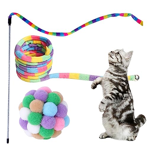 Bexdug Regenbogen-Katzenstab - Schnurspielzeug Regenbogenband Charmer Stick Katze Teaser Zauberstab - Regenbogenband-Charmer-Zauberstab, sicher, bunt, mit Kugel für Kätzchen von Bexdug