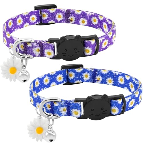 BiPawTi 2 x Gänseblümchen-Katzenhalsband mit Glocke und Gänseblümchen-Charm, niedliches florales Kätzchen-Halsband – weiche Baumwolle, Sicherheits-Katzenhalsbänder mit Schnellverschluss-Schnalle, von BiPawTi