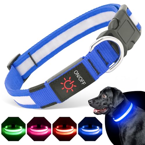 BiPawTi Beleuchtetes Halsband für Hunde, Aufladbar LED Halsband Hund Leuchtend mit 3 Beleuchtungsmodi, Leuchtet Im Dunkeln Leuchtendes Hundehalsband Große Hunde fürs Nachtspaziergänge, Blau, L von BiPawTi