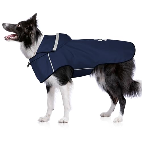 BiPawTi Hunde Regenmantel Mittlere Hunde - Ultraleicht Wasserdicht Hunderegenmantel mit Reflektierenden Kapuze & Verstellbarer Klettverschluss, Regenjacke für Trockene, Sichere Gassigänge (M | Blau) von BiPawTi