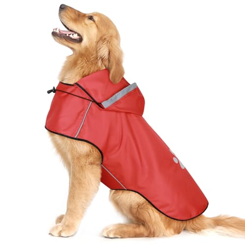 BiPawTi Regenjacke für Große Hunde, Verstellbarer Hunde-Regenmantel mit Klettverschluss - Ultraleicht & Wasserdicht Hunderegenmantel mit Kapuze und Reflektierenden Elementen für Spaziergänge (L | Rot) von BiPawTi