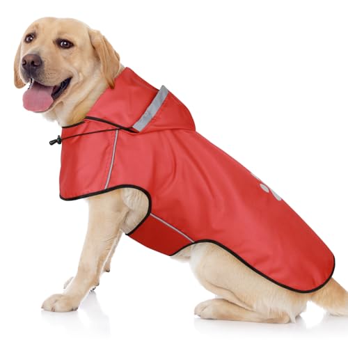 BiPawTi Hunde Regenmantel Große Hunde – Wasserdichter Hundemantel, Verstellbarer Regenjacke mit Reflektierenden Kapuze, Ultraleicht Bequem Hunderegenmantel für Trockene, Sichere Gassigänge (XL | Rot) von BiPawTi