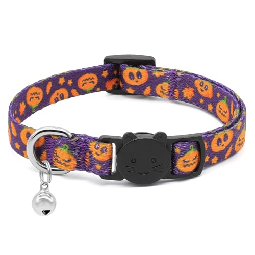 Halloween-Katzenhalsband mit Sicherheitsverschluss, Breakaway Katzenhalsbänder Jack-O'-Lantern-Katzenhalsband für Halloween, Weiche Katzen Halsband mit Glocke Abnehmbare - Süße Kürbis Lila Halsband von BiPawTi