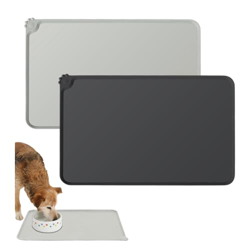 Bieiyhe 2 Futternapf Unterlage Hund 48x30 cm,Katzenmatte Futter rutschfeste,Haustier Fütterung Matte Tiernapf,Futtermatte wasserdichte,Napfunterlage Silikon,Matte Placemats per Animali-Schwarz,Grau von Bieiyhe