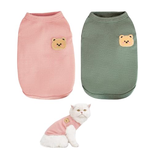 Bieiyhe 2pcs Haustier Kleidung Katze,Hundepullover Kleine Hunde Baumwolle,Katzenpullover Waffel,Ärmellos Pullover Katze,Haarlose Katze Kleidung für Kleine Mittelgroße Hunde und Katzen -Grün+Pink-XL von Bieiyhe