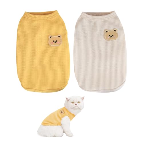 Bieiyhe 2pcs Haustier Kleidung Katze,Hundepullover Kleine Hunde Baumwolle,Katzenpullover Waffel,Ärmellos Pullover Katze,Haarlose Katze Kleidung für Kleine Mittelgroße Hunde und Katzen -L Weiß+Gelb von Bieiyhe