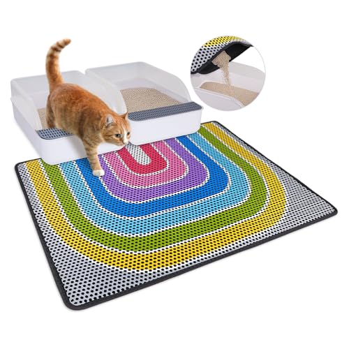 Bienbee Katzenstreu-Matte, 76,2 x 61 cm, doppellagige Katzenstreu-Matte mit rutschfester Gummiunterseite, urin- und wasserdicht, hält Böden sauber, Regenbogenfarben, Größe L von Bienbee