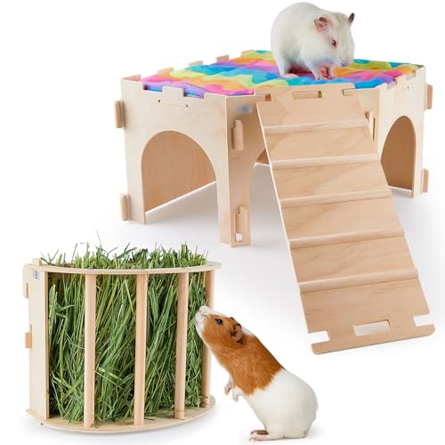 Meerschweinchenversteck Bienbee Großes Holzkaninchen Versteck mit Heu Futterstation Set, Eck-Meerschweinchenhaus Meerschweinchenhaus, Meerschweinchenhaus, Kleintierschloss mit weicher Matte und Treppe von Bienbee