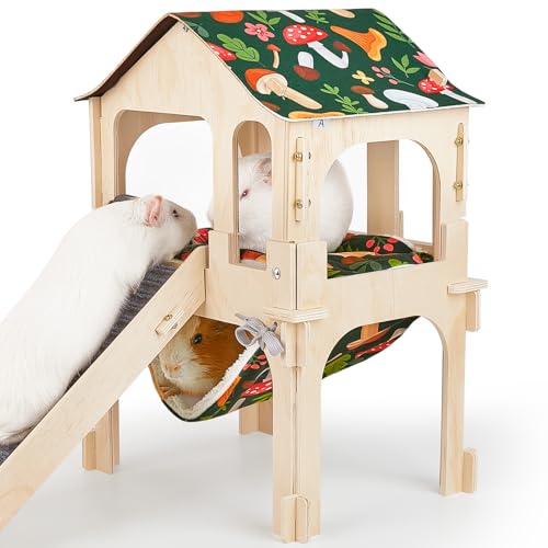 Bienbee Meerschweinchenversteck Großes Meerschweinchenschloss aus Holz mit Treppe, Hängematte und Matte, abnehmbares Doppeldecker-Meerschweinchenhaus für Häschen Hamster Chinchilla Frettchen Kaninchen von Bienbee