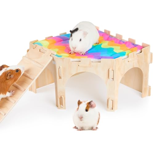 Meerschweinchenversteck Bienbee Stabiles Holz Kaninchenversteck Große Ecke Meerschweinchen Haus Meerschweinchen Schloss mit weicher Matte und Treppe für Chinchilla Hamster Häschen Igel Eichhörnchen von Bienbee