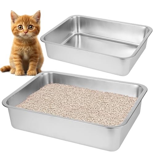 2 x Edelstahl-Katzentoilette (44,5 cm L x 34,5 cm B x 10,4 cm H) für große Katzen, große Metall-Katzentoilette, leicht zu reinigen, kleine Edelstahl-Katzentoilette. von BierBear