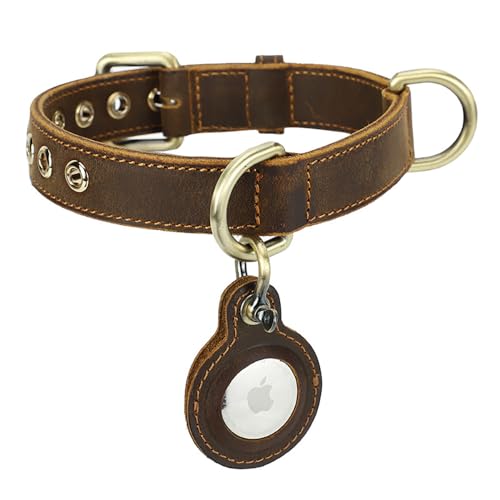 Vintage Leder Hundekragen - Verstellbares Haustierkragen Mit Metall -D -Ring Für Airtag -Gehäuse, Geeignet Für Kleine Bis Große Hundepositionierungsverfolgung,L von Bigcan