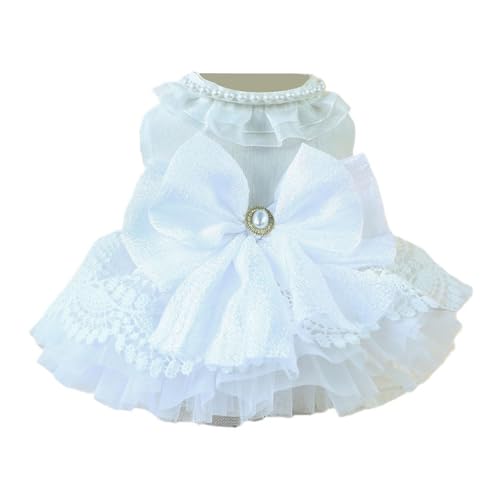 Exquisites Haustier-Hochzeits-Outfit, Hundekleid mit Schleifen, Perlen, Druckknöpfen, Prinzessin, atmungsaktiv, Frühling Sommer, Spitzenbekleidung, Perlenschleifen-Design für S, M, XS von Bigougem