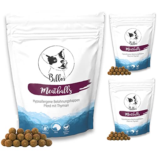 Meatballs Pferd Thymian Hundeleckerli Getreidefrei & Hypoallergen Sensitiv Weich - Trainingsleckerli Kleine Hunde & Welpen Leckerlis - Soft Dog Treats | Billos Mini 10mm 3er-Pack (3X 150g = 450g) von Billo's