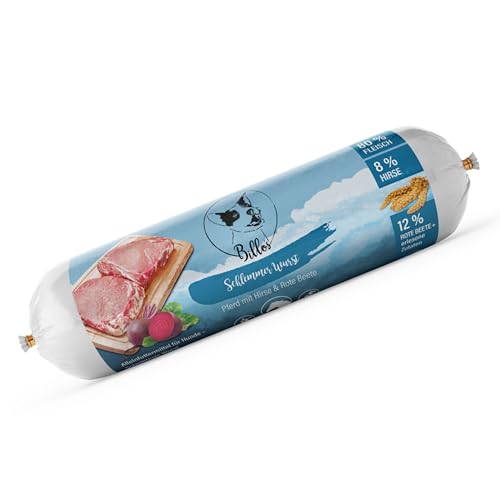 Schlemmerwurst Hundewurst Schnittfest Hypoallergen Glutenfrei Pferd mit Hirse & Rote Beete - Wurst-Rolle für Hunde als Alleinfutter Snack Leckerli Trainingswurst - Sausage for Dogs | Billos Pferd 400g von Billo's