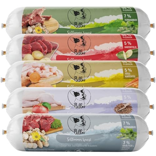 Schlemmerwurst Set Hundewurst Schnittfest Getreidefrei Huhn Rind Ente Lamm Ziege - Wurst-Rollen für Hunde als Alleinfutter Snack Leckerli Trainingswurst | Billos Wurst-Paket 5 Stück (=5x 400g = 2000g) von Billo's