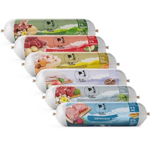 Schlemmerwurst Set Hundewurst Schnittfest Glutenfrei Pferd Huhn Rind Ente Lamm Ziege - Wurst-Rollen für Hunde als Alleinfutter Leckerli Trainingswurst | Billos Wurst-Paket 6 Stück (=6X 400g = 2400g) von Billo's