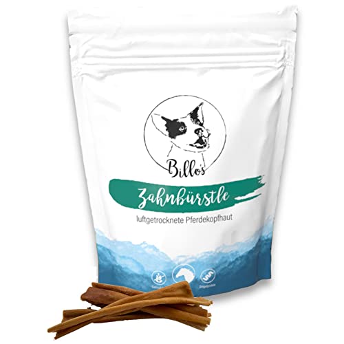 Zahnbürstle Pferdekopfhaut Kaustangen Natürlich & Getreidefrei - Rohhaut Kausnack gegen Zahnstein & Zahnbelag - Dental Sticks Zahnpflege Hund - Dental Care Dog Chew Sticks | Billos Pferde-Haut 150g von Billo's