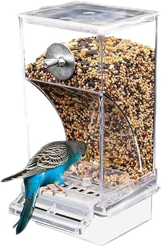 Automatischer Futterspender für Vögel automatischer Papageien-Futterspender mit Sitzstange Acryl klarer Samen Futterbehälter Käfigzubehör für kleine mittelgroße Nymphensittiche, Sittiche (1 STK) von Bimhayuu