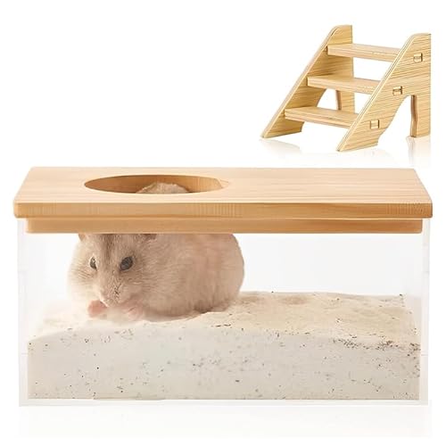 Bimhayuu Hamster Sandbad groß, Hamster Sandbad Behälter mit Kletterleiter, Acryl Hamster Grabkasten mit Holzabdeckung, Sandbad für Hamster Kleintiere (A) von Bimhayuu