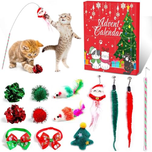 Bimhayuu Katzen-Adventskalender, Weihnachts-Countdown-Kalender für Kätzchen-Spielzeug, 24 Stück, Katzenfeder-Teaser und Ballglocken, Weihnachts-Countdown-Geschenke für Kätzchen, Haustierliebhaber (C) von Bimhayuu