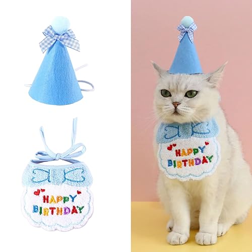 Hund Geburtstag Bandana Hut Set Geburtstagsmütze Schal-Set niedliches Haustier Geburtstags Bandana Partyzubehör Welpen Happy Birthday Dekorationen Besticktes für Hunde und Katzen (Blau) von Bimhayuu