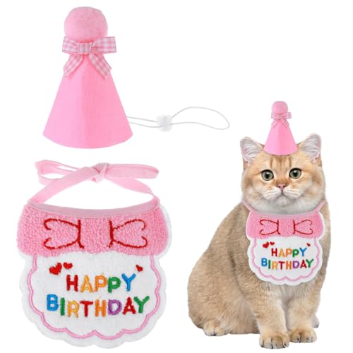 Hund Geburtstag Bandana Hut Set Geburtstagsmütze Schal-Set niedliches Haustier Geburtstags Bandana Partyzubehör Welpen Happy Birthday Dekorationen Besticktes für Hunde und Katzen (Pink) von Bimhayuu