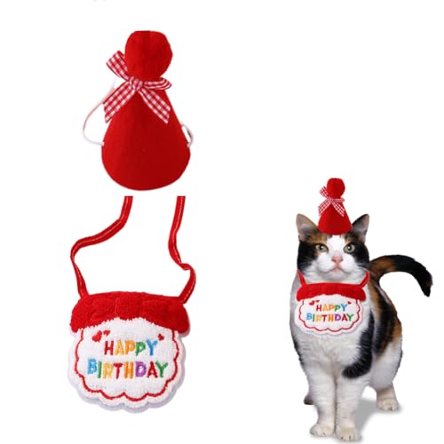 Hund Geburtstag Bandana Hut Set Geburtstagsmütze Schal-Set niedliches Haustier Geburtstags Bandana Partyzubehör Welpen Happy Birthday Dekorationen Besticktes für Hunde und Katzen (Rot) von Bimhayuu