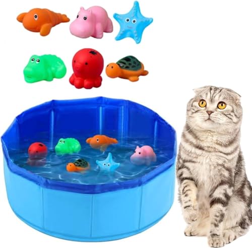 Katzen-Pool-Spielzeug mit Fisch-Wasser-Katzenspielzeug, tragbares Katzenpool-Spielzeug mit 6 Spielzeugen, Schwimmbad-Fischspielzeug für gelangweilte Indoor-Katzen, interaktives Katzenspielzeug für von Bimhayuu