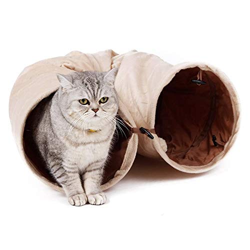 Katzentunnel große Katzen Rascheltunnel Spieltunnel Cat Tunnel Katzenröhre Katzenspielzeug Tunnel für alle Katzen Kaninchen Welpen und kleine Tiere 2 Höhlen 120 * 25 cm Braun von Bimhayuu