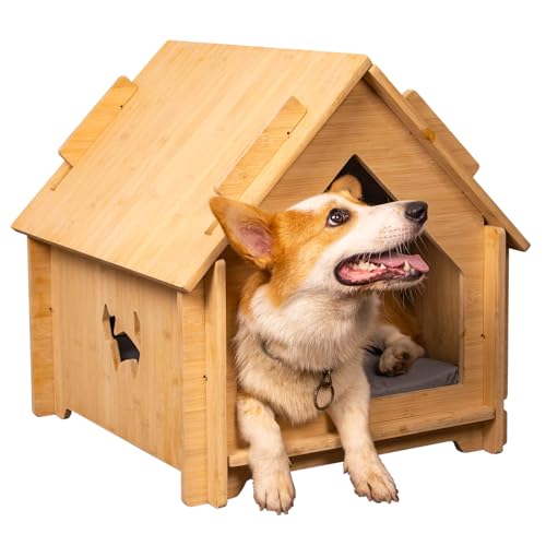 Binbo Bambus Hundehütte Indoor für kleine Hunde, stabiles Katzenbett Haus Indoor mit Lüftungsschlitzen für kleine bis große Katzen, Haustierunterstand mit Pad, einfach zu montieren und zu entfernen, von Binbo