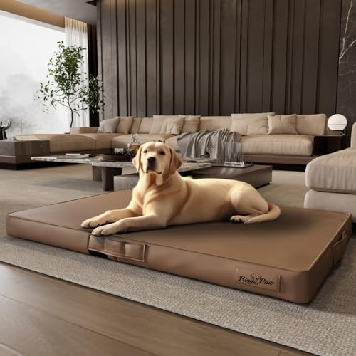 BingoPaw Hundebett XXXL Grosse Hunde: 3D Orthopädisches Hundebett Faltbar Hundematratze aus PU Weich Leder Wasserdicht Hunde Kissen Matratze Schlafplatz, Braun 130x84x9 cm von BingoPaw