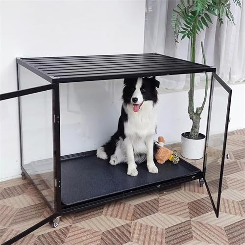 BingoPaw Hundekäfig Möbel Hundebox Wohnzimmer: Transparent Hundekäfig für zuhause aus gehärtetes Glas und Aluminium, Transportbox Schlafbox für mittelgroße Hunde bis 70kg, L 90x61x75.5 cm, schwarz von BingoPaw