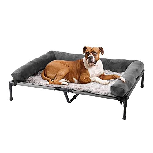 BingoPaw Hundeliege XXL Outdoor Haustierliege: Erhöhtes Hundebett mit Plüsch Hundematte und weich Kopfkissen, 130x90x18cm Haustierbett Liegeplatz für große Hunde, Grau von BingoPaw