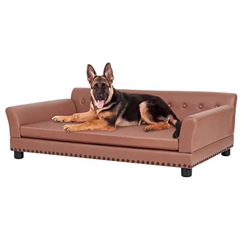 BingoPaw Hundesofa XXL für Große Hunde: Luxus Hundecouch aus atmungsaktivem wasserdichtem Leder - Mordern Haustiersofa mit Rückenlehne orthopädisches Hundekissen und Holzbeinen - Braun 120x74x40cm von BingoPaw