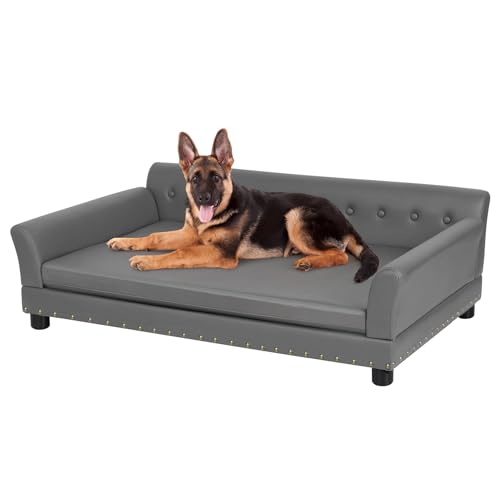 BingoPaw Luxus Hundesofa Grosse Hunde: XXL Hundecouch aus atmungsaktivem wasserdichtem Leder, Mordern Haustiersofa mit Rückenlehne orthopädisches Hundekissen und Holzbeinen, Grau 120x74x40cm von BingoPaw