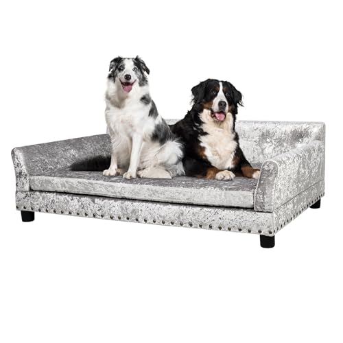 BingoPaw Luxus Samt Hundesofa XXL: Mordern Haustiersofa Hundecouch für Grosse Hunde, Erhöhtes Hundebett mit weichem Kissen und Rückenlehne, Grau 120x74x40cm von BingoPaw