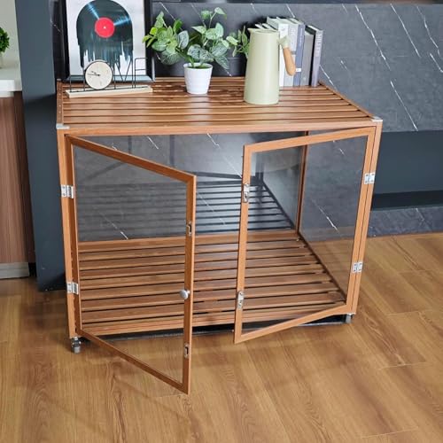 BingoPaw Hundekäfig Möbel Hundebox Wohnzimmer: Transparent Hundegitterbox aus gehärtetes Glas und stabil Aluminiumrahmen, Hundetransportbox mittelgroße Hunde bis 70kg, L 90x61x75.5 cm, braun von BingoPaw