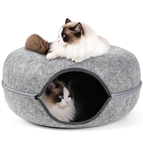 Bininl Katzentunnel-Bett, Katzenhöhle, für den Innenbereich, abnehmbarer runder Filz und waschbarer Katzen-Spieltunnel für kleine Haustiere, Kaninchen, Kätzchen (61 cm, Hellgrau von Bininl