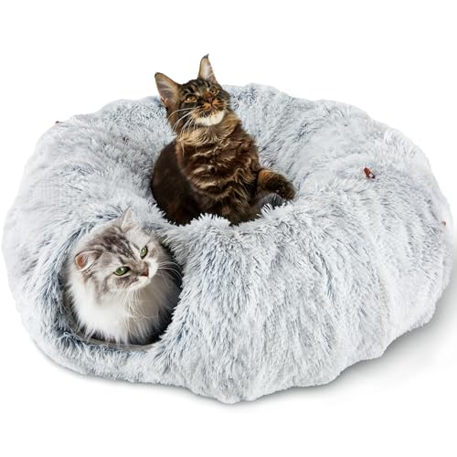 Bininl Katzentunnelbett für Indoor-Katzen, Peekaboo Katzenhöhle, Bett, Katzen-Donut-Tunnel, niedlicher Katzen-Donut-Tunnel mit waschbarem Kreiskissen (86,4 cm, Grau) von Bininl