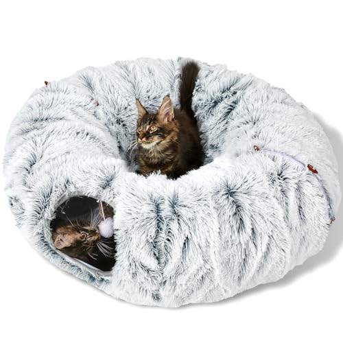 Bininl Tunnelbett für Indoor-Katzen, Peekaboo Katzenhöhle, Donut mit waschbarem Kreiskissen, Innenkatzenspieltunnel (86,4 cm, Grau) von Bininl