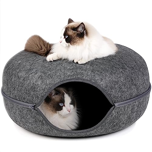 Katzentunnel-Bett, Katzenhöhle, Katzen Sachen für den Innenbereich, abnehmbarer runder Filz und waschbarer Katzen-Spieltunnel für kleine Haustiere, Kaninchen, Kätzchen (61 cm, dunkelgrau) von Bininl