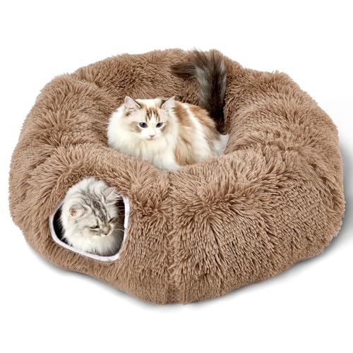 Bininl Katzentunnelbett für Indoor-Katzen, Peekaboo Katzenhöhle, Donut-Tunnel für Katzen, mit waschbarem Kreiskissen, Innenkatzenspieltunnel (86,4 cm, Braun) von Bininl