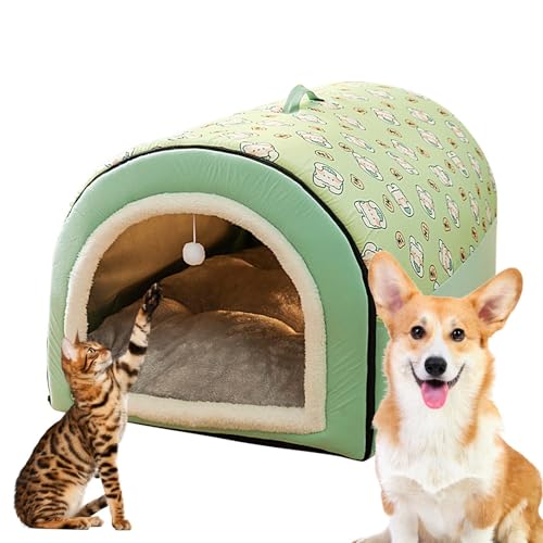 Biniveil Hundehöhle | Abnehmbares 2-in-1-Katzenbett und -Haus mit Kugelanhänger - Überdachtes Katzenversteck, Flanell-Katzennest, warme und Bequeme Hundebetten für große Hunde, waschbare Katzenhöhlen von Biniveil